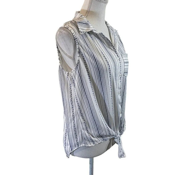 Eden & Olivia Striped Button Up Tank Top Medium Front Hem Tie Collared Pocket - Picture 2 of 10